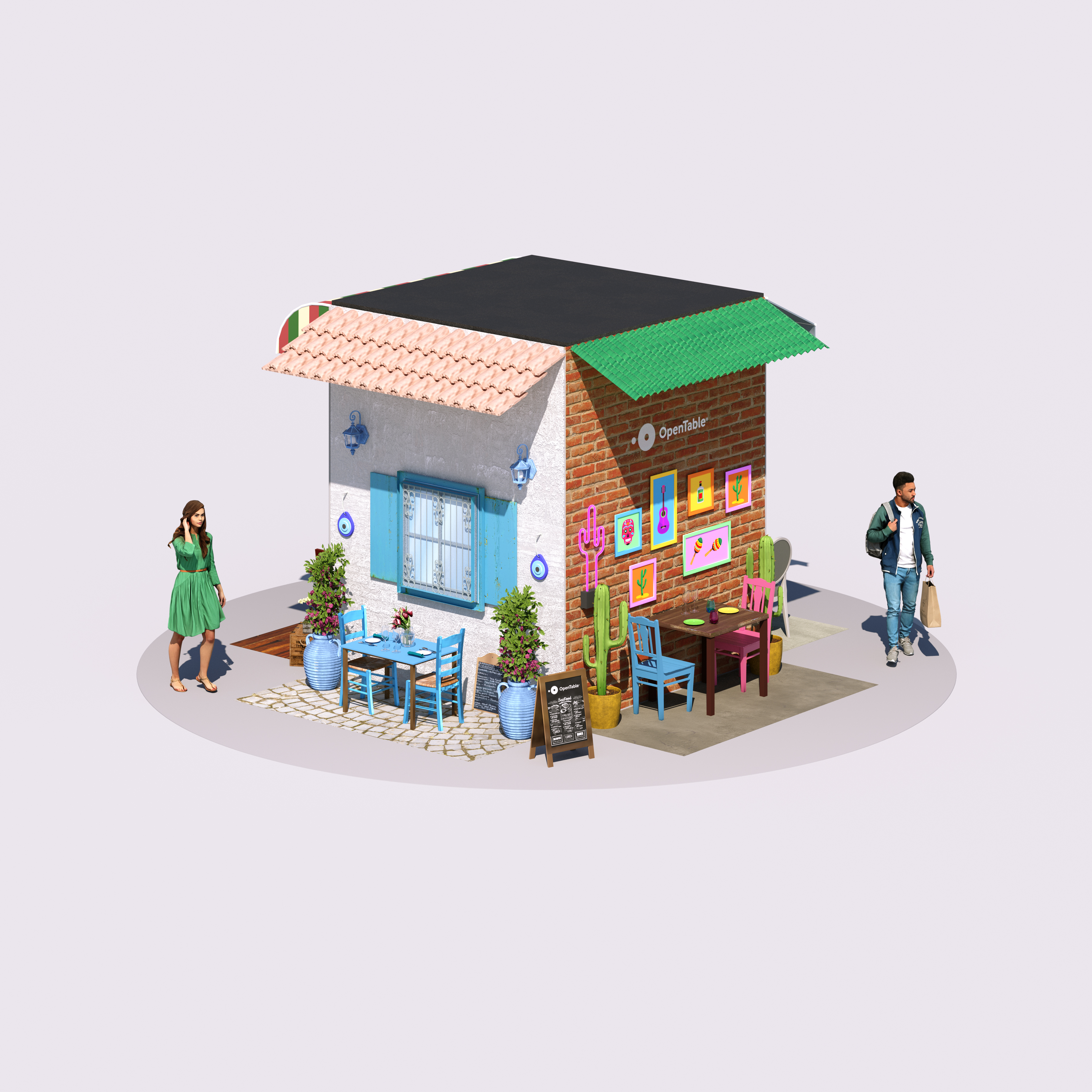 OpenTable pop-up kiosk, Greek and Mexican themed faces