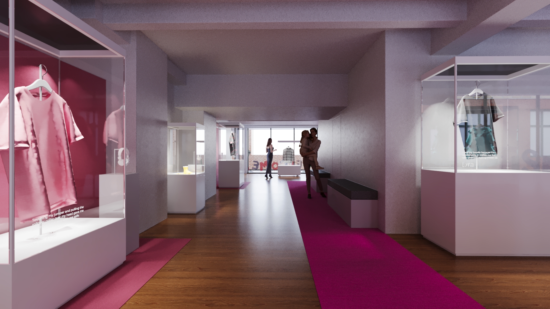 Vanish x Autism exhibition corridor with garment display cases