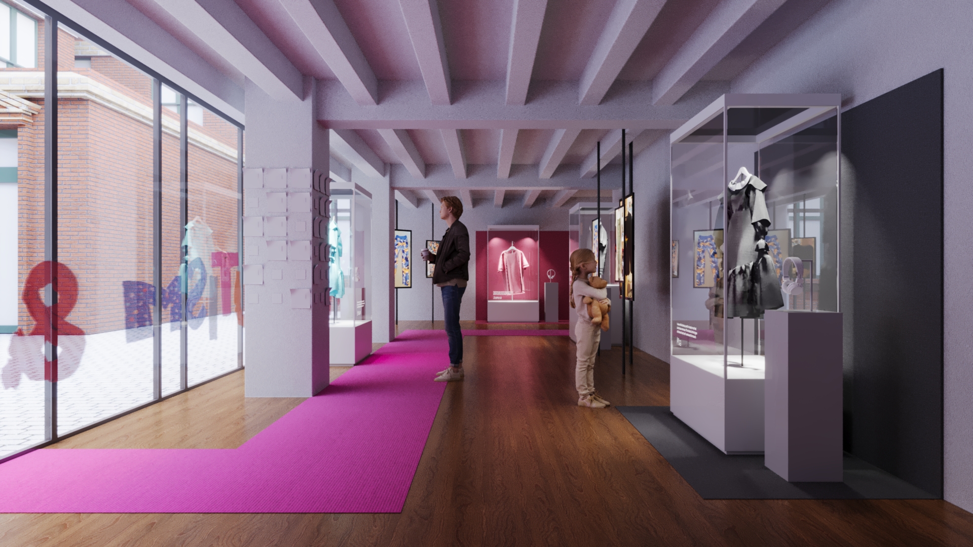 Gallery corridor with framed artwork and display cases